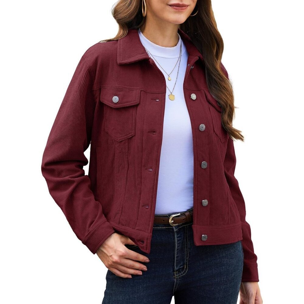 Women Wine Red Corduroy Cropped Shacket Button Down Long Sleeve Casual Coat